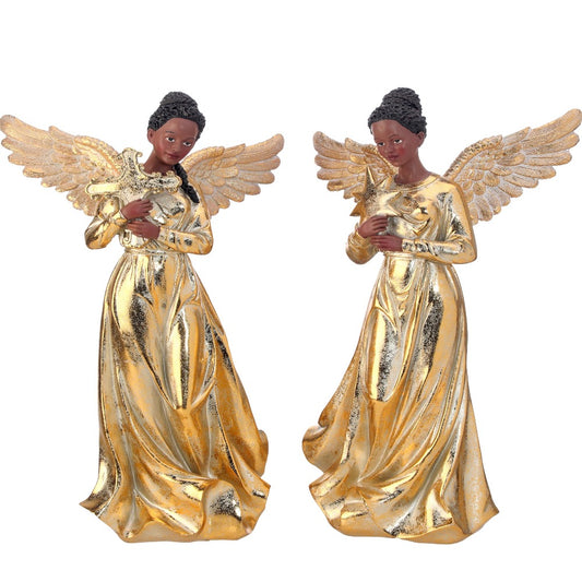 14" African-American Angel Figurines – Set of 2 Assorted Elegant Christmas Decorations