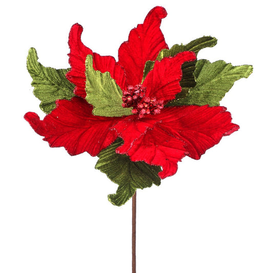 24" Deluxe Velvet Poinsettia Flower with Glitter Edge – Elegant Christmas Floral Decoration