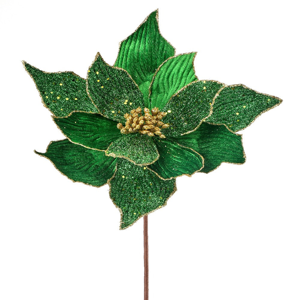 24" Green Velvet Poinsettia Flower with Beaded Accents – Christmas Flower Decoration