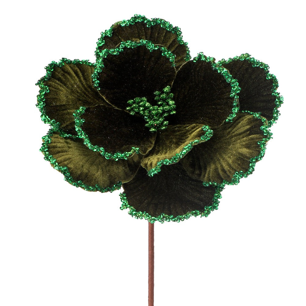 24-inch green velvet magnolia Christmas flower with glitter bead edge