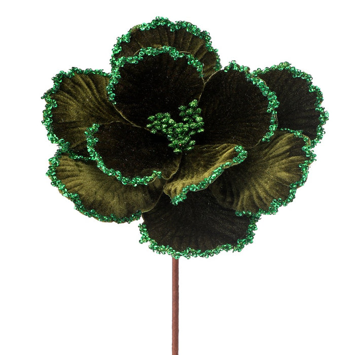 24-inch green velvet magnolia Christmas flower with glitter bead edge