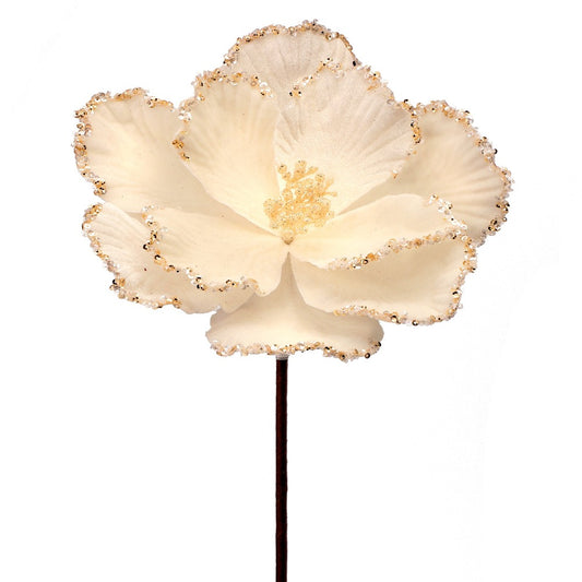 24" Ivory Velvet Glitter Bead Edge Magnolia Stem - Luxurious Christmas Floral Decoration