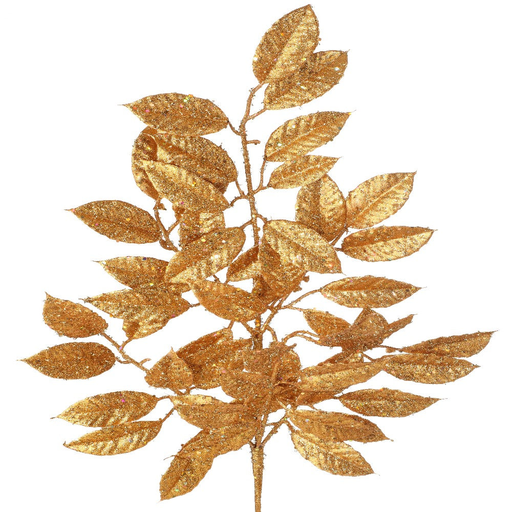 30" Gold Sequined Camelia Leaf Christmas Spray