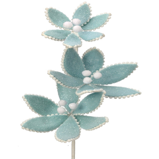 24" Glittered Floral Pick with White Pom-Poms – Winter Wonderland Christmas Decoration