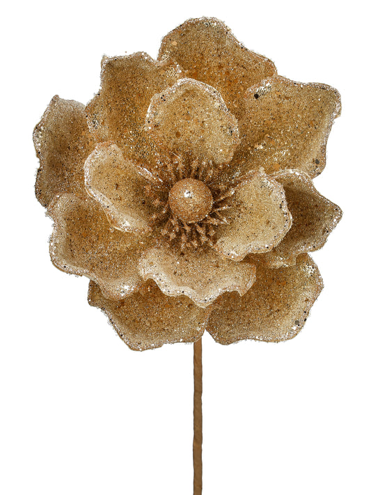 24" Gold Glitter Magnolia Flower Pick – Luxurious Christmas Floral Ornament