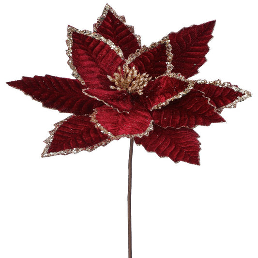 24" Burgundy Bead/Sequin Edge Poinsettia Stem - Elegant Christmas Floral Decoration