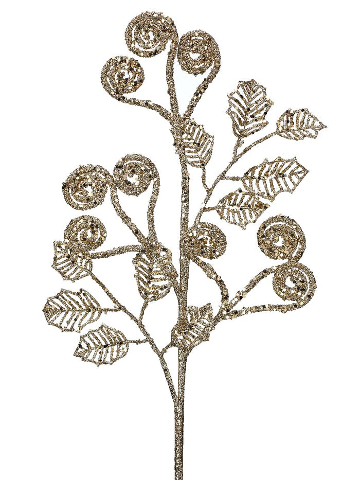 27-inch champagne glitter sequin curl leaf Christmas spray