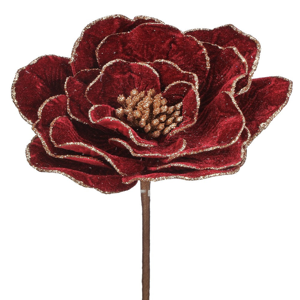 24-inch burgundy beaded edge velvet peony Christmas stem