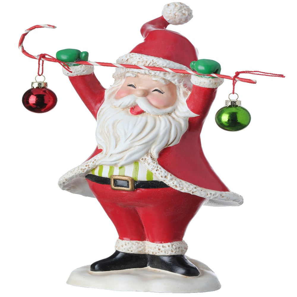 8.5" Resin Santa Holding Candy Cane with Ornaments – Festive Christmas Figurine