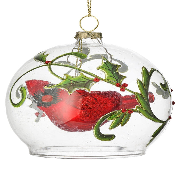 4-inch glass cardinal in holly vine ball Christmas ornament
