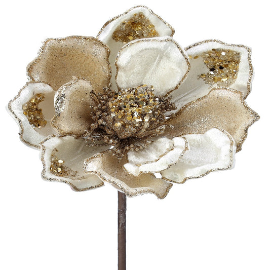 18" Tall by 8" Diameter Heavy Jeweled Magnolia Flower – Elegant Christmas Floral Decoration