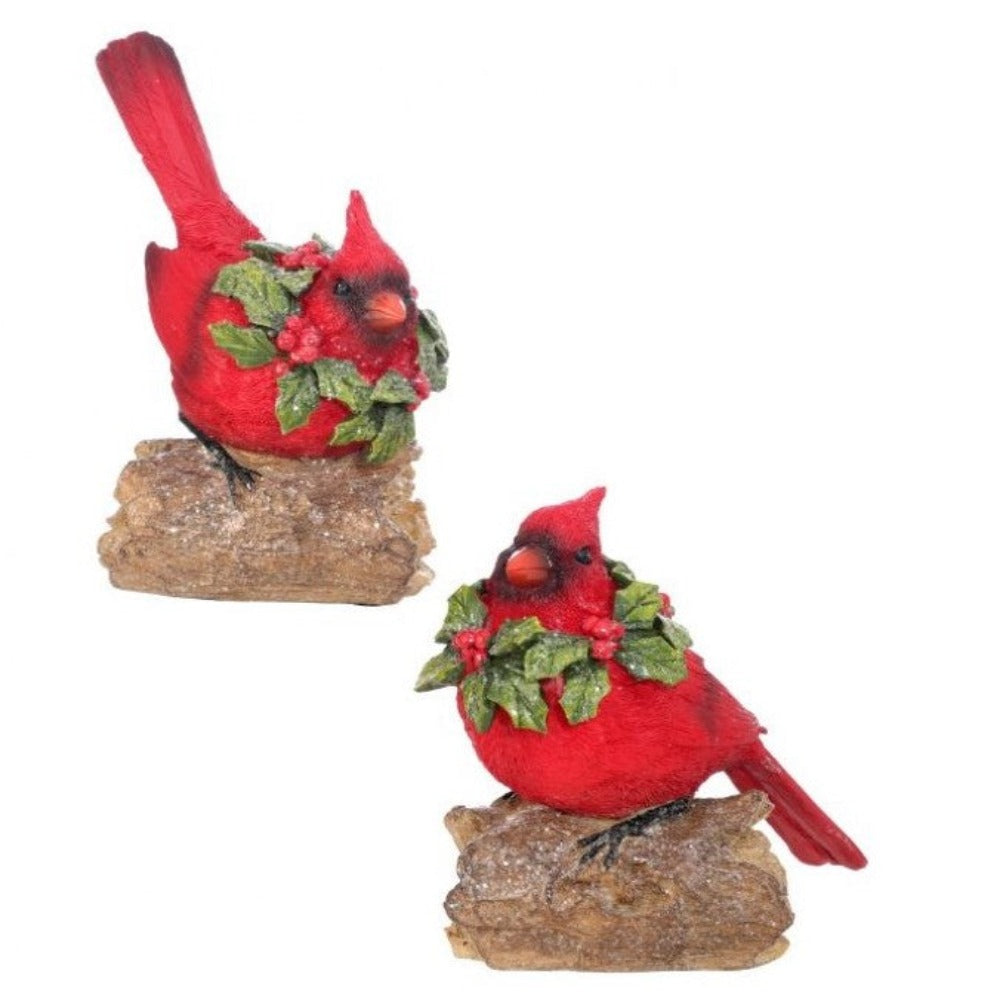 5.5 to 6.5-inch resin cardinal on log Christmas ornaments, set of 2