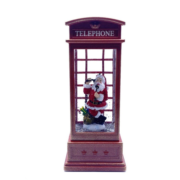 10" Red Telephone Booth Water Snow Globe with Santa