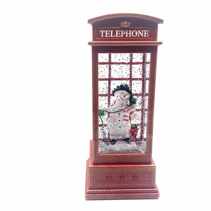 10" Red Telephone Booth Water Snow Globe with Snowman