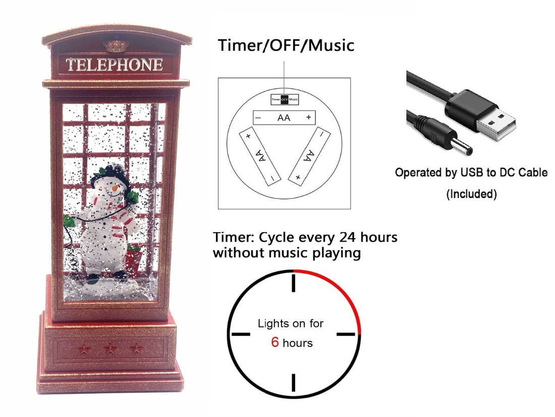 10" Red Telephone Booth Water Snow Globe with Snowman – alternate view