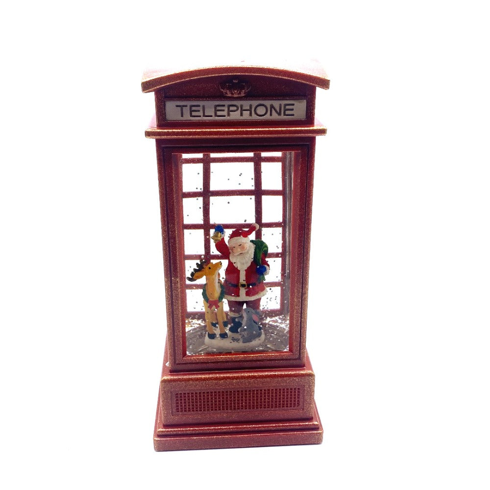 7" Red Telephone Booth Water Snow Globe with Santa & Reindeer
