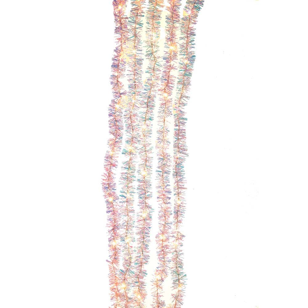 100-light silver iridescent tinsel cascade set with warm white lights