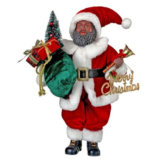 19" Velvet Resin Black Santa with Fur: Elegant Holiday Decoration with Luxurious Detailing