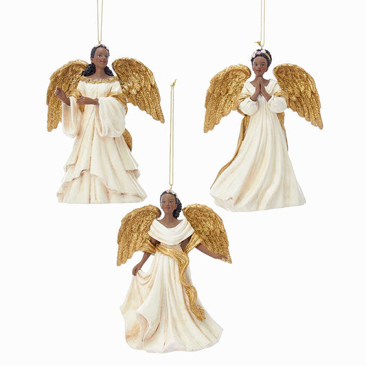 4.5" Ivory and Gold African American Angel Ornaments – Set of 3 Assorted Christmas Decorations