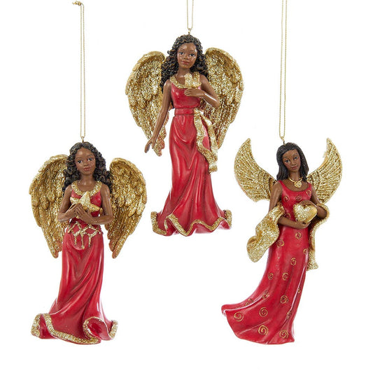 4.75" Red and Gold African American Angel Ornaments – Set of 3 Assorted Christmas Decorations