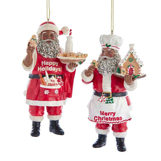 4.6" African American Chef Santa Ornaments – Set of 2 Assorted Christmas Decorations