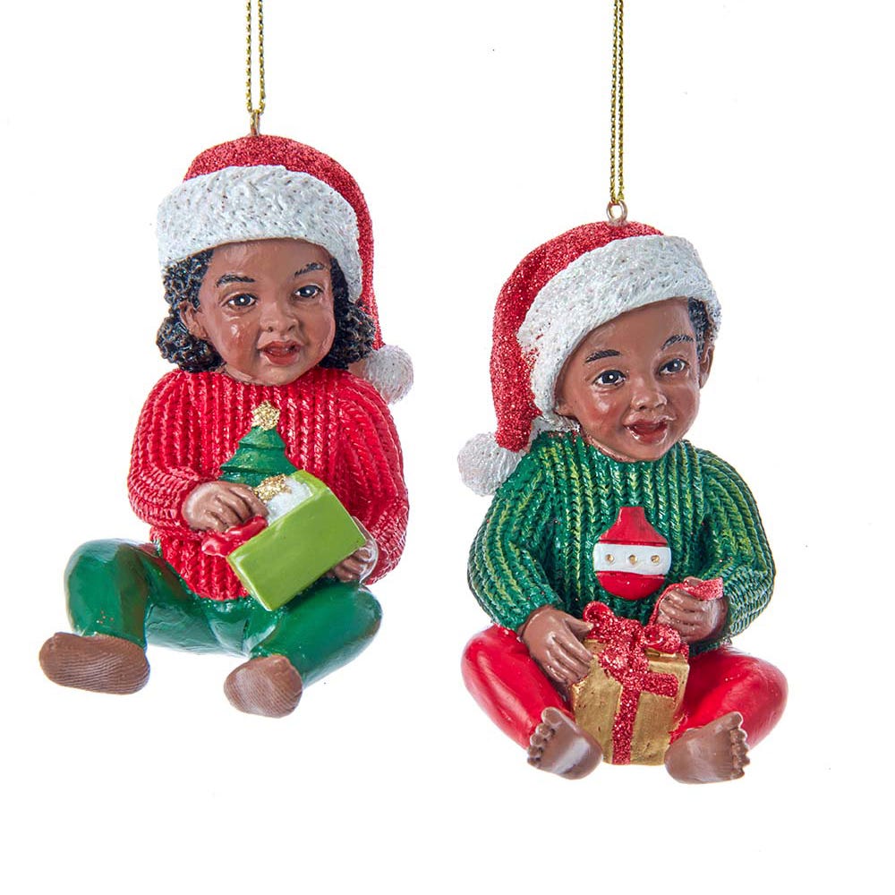 3.25" African American Boy and Girl in Christmas Outfits – Set of 2 Assorted Ornaments