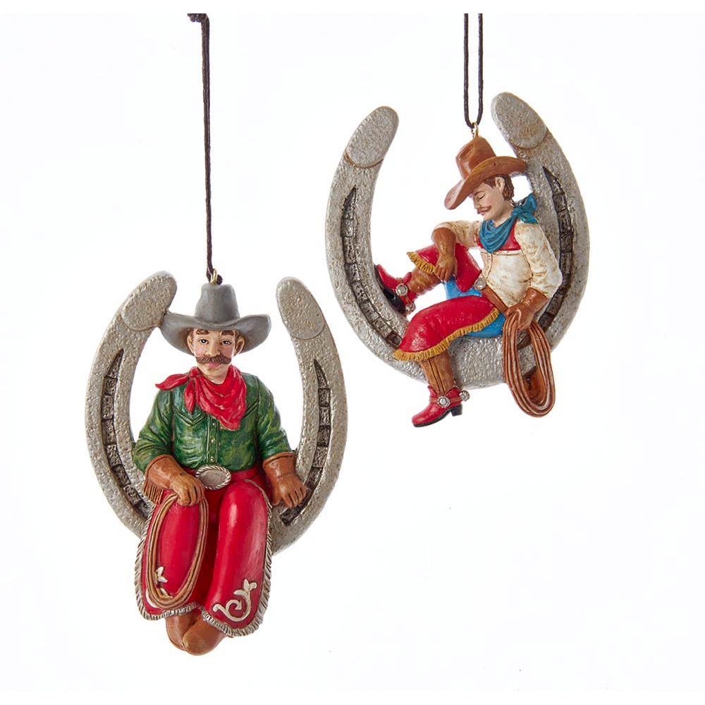 4-inch Western horseshoe and cowboy Christmas ornaments set of two