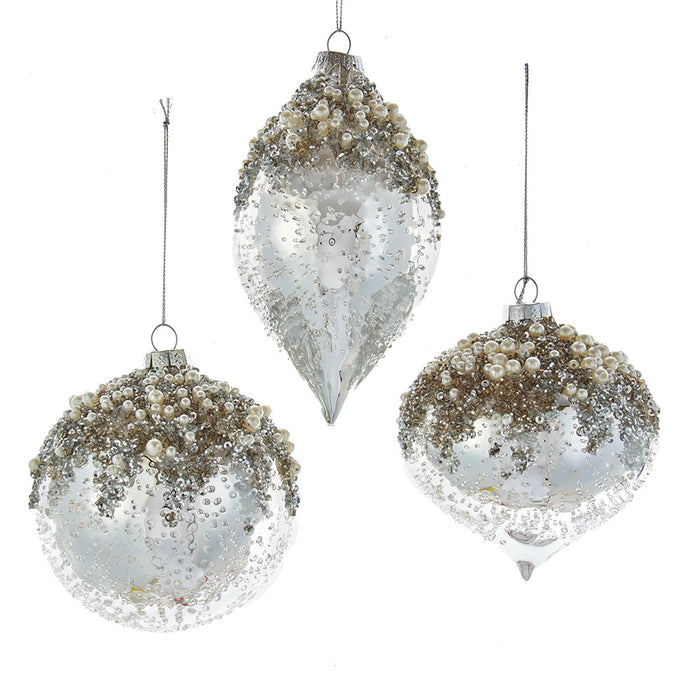 4" Glass Icy Silver Ball, Onion & Drop Ornaments – Set of 3