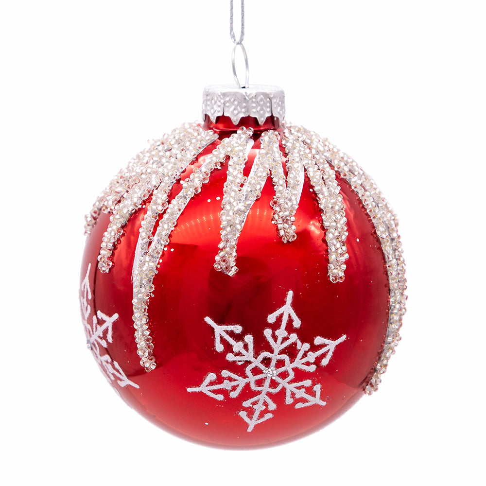3.15" Glass Red and Silver Snowflake Ball Ornaments, 6-Piece Box Set | Festive Christmas Tree Decorations
