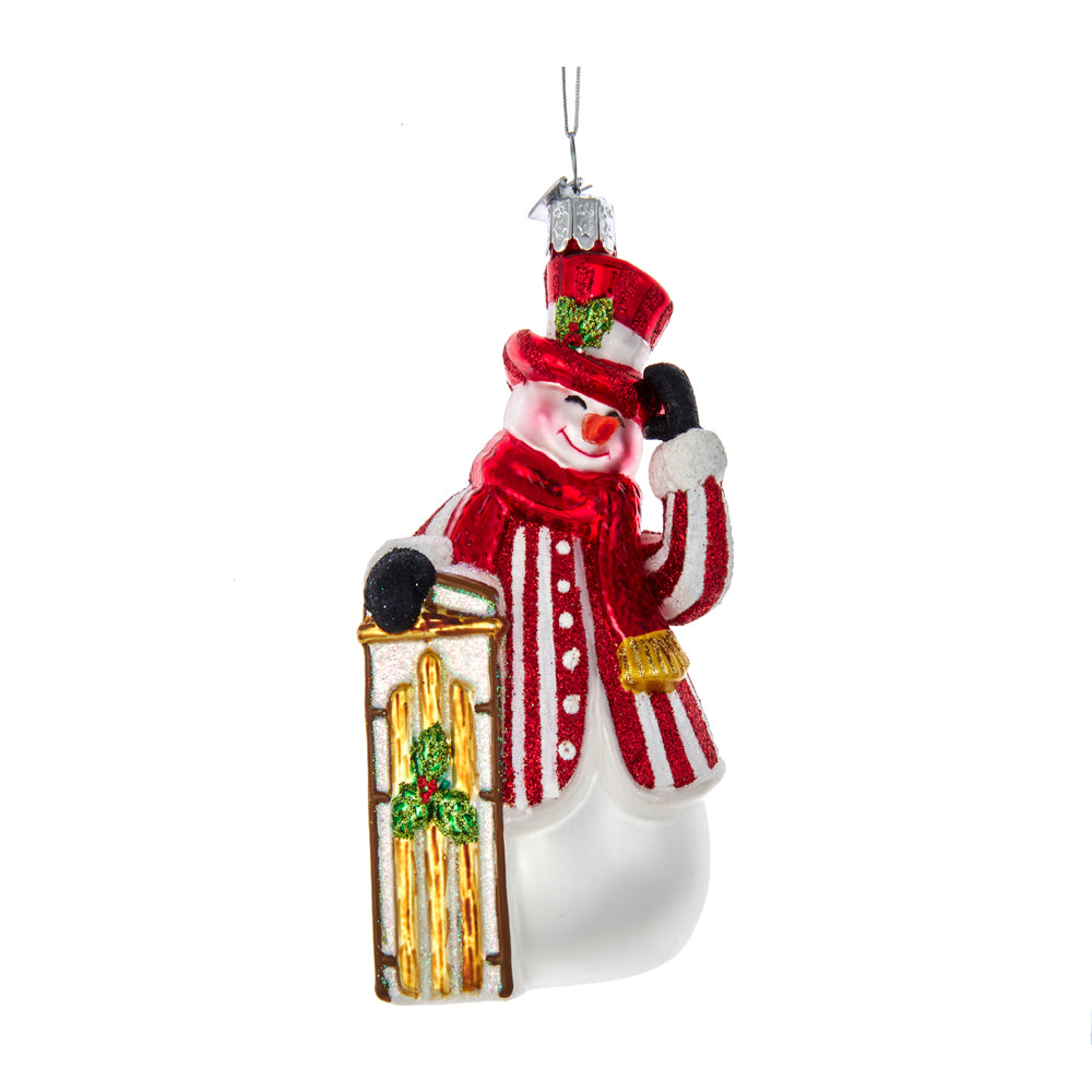 5-inch Noble Gems glass peppermint snowman with sled Christmas ornament