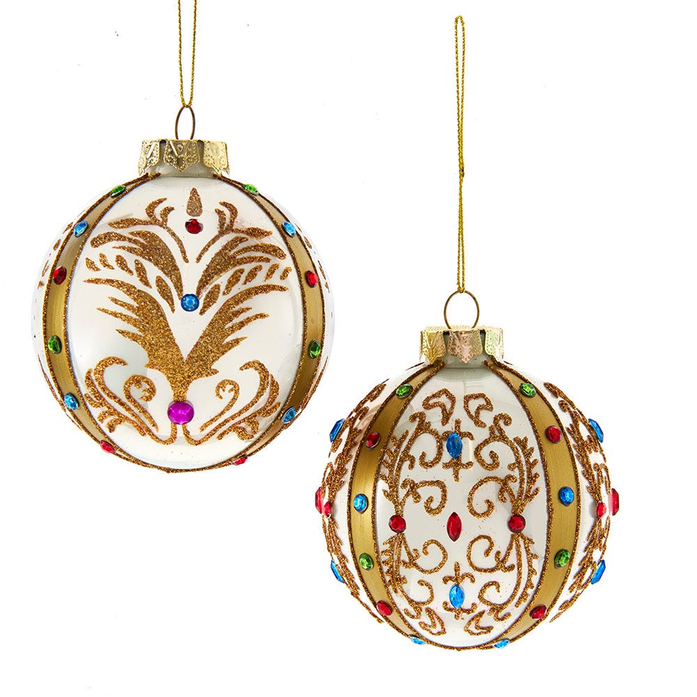3.15-inch white and gold jeweled glass Christmas ornaments
