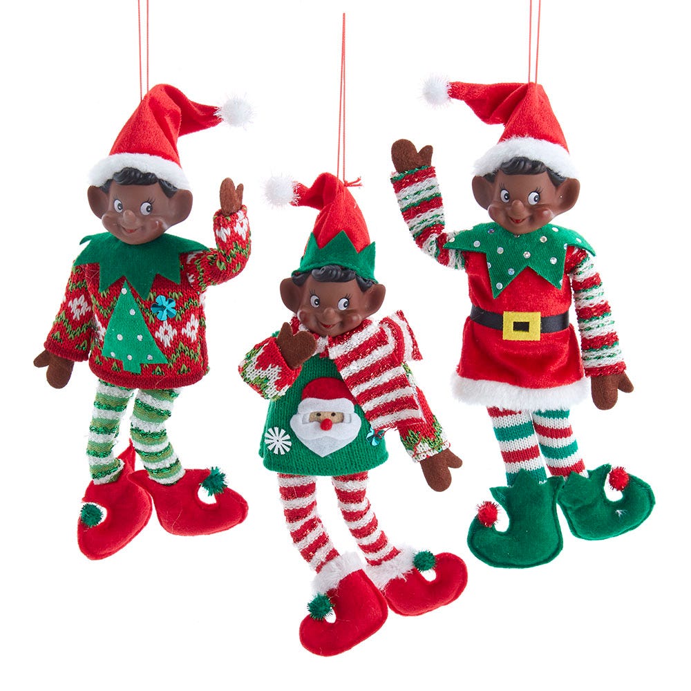 11" Fabric African American Elves – Set of 3 Assorted Christmas Decorations